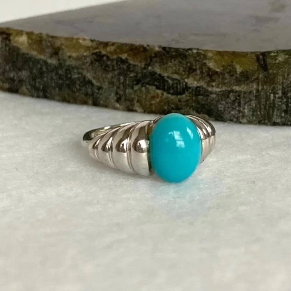 Sterling Silver 925 Modernist Oval Faux Turquoise Tapered Shank Ring Sz 5.25